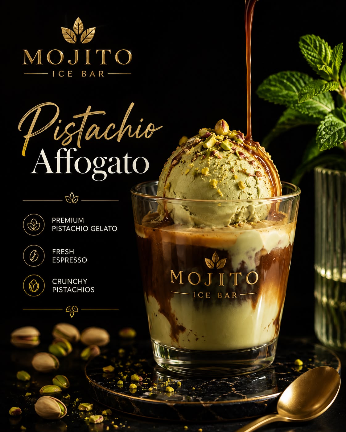 Pistachio Affogato — pistachio gelato with fresh espresso poured over