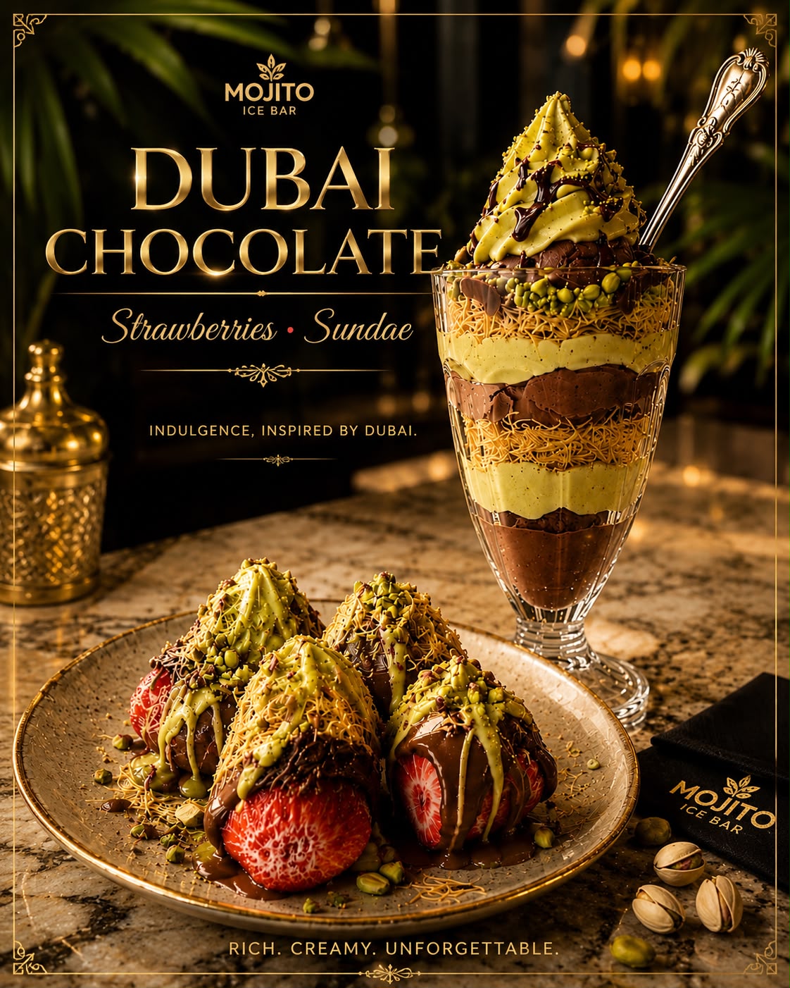 Dubai chocolate sundae and chocolate-dipped strawberries
