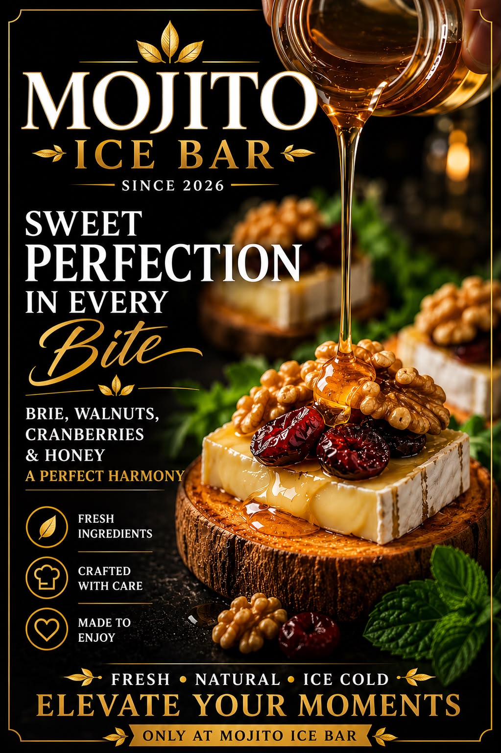Brie with walnuts, cranberries and honey on a wooden board