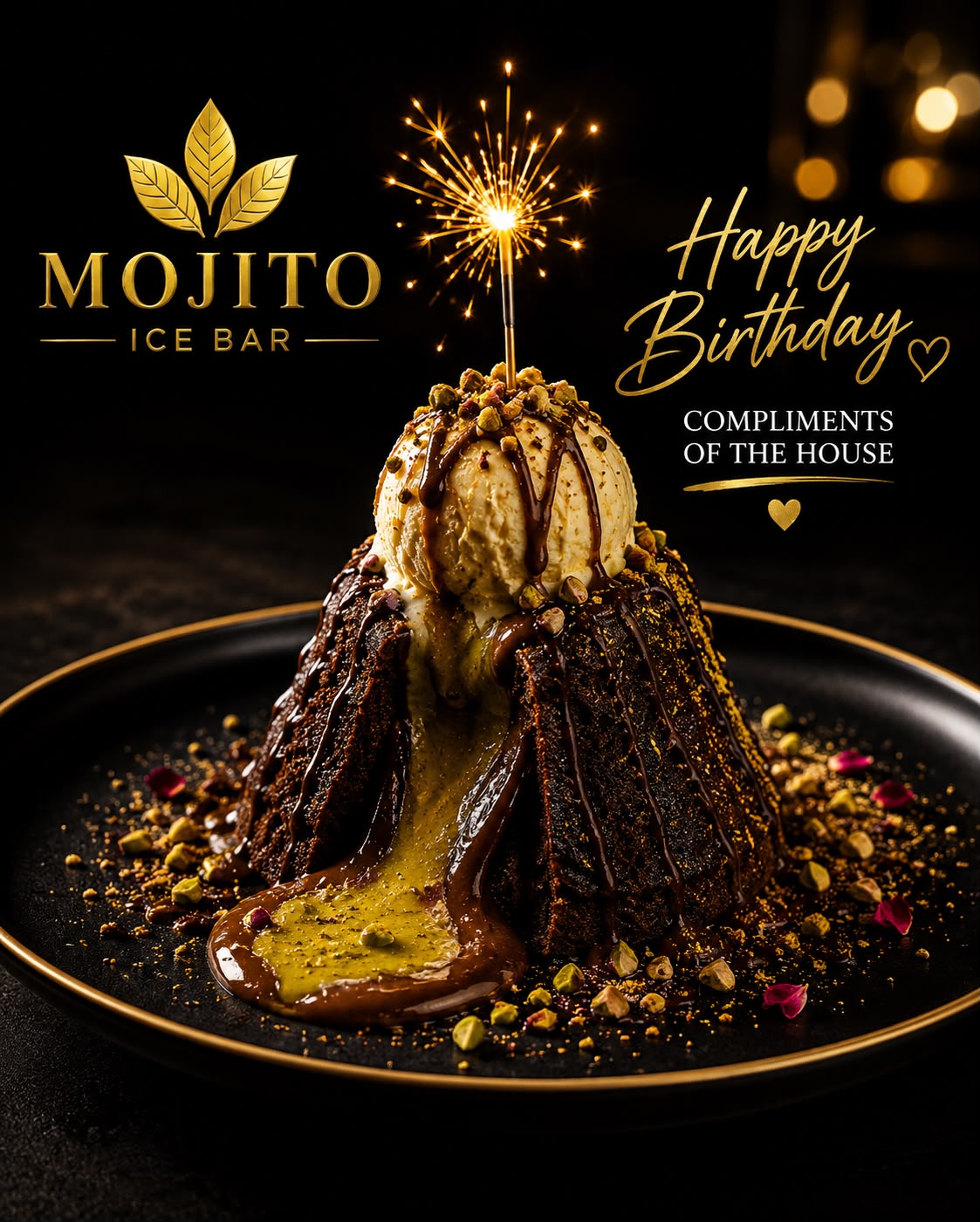 Birthday lava cake with sparkler — compliments of the house