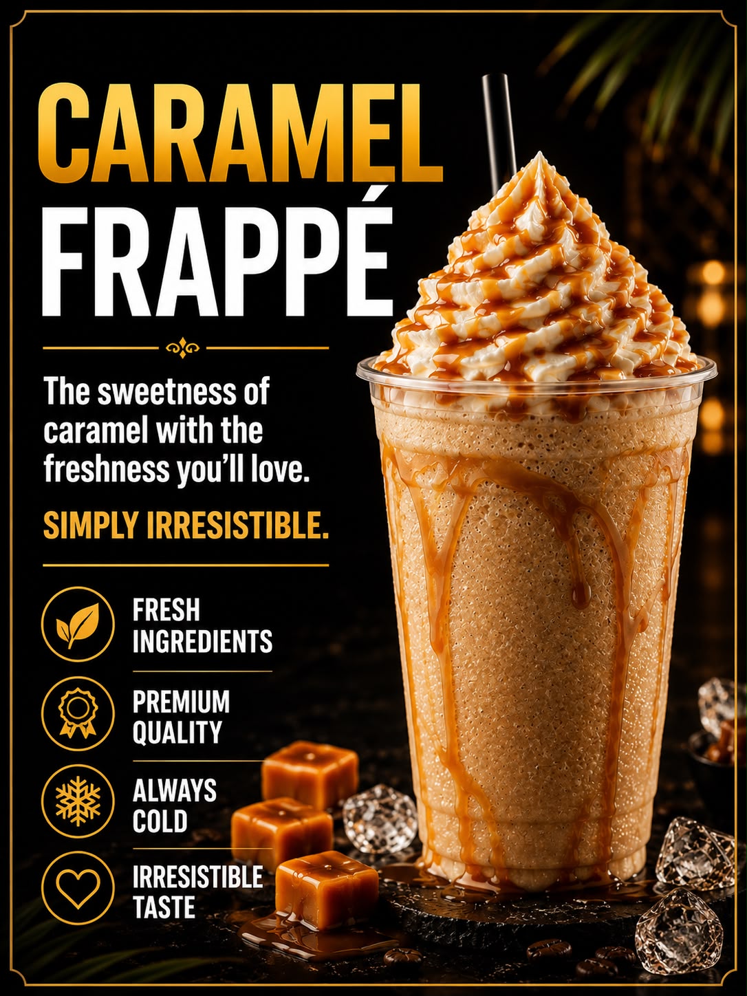 Caramel Frappé — blended iced coffee with whipped cream and caramel drizzle