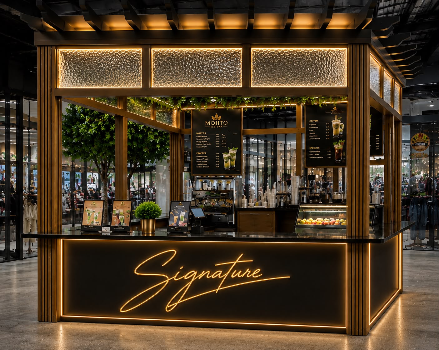 Mojito Ice Bar signature neon counter at night