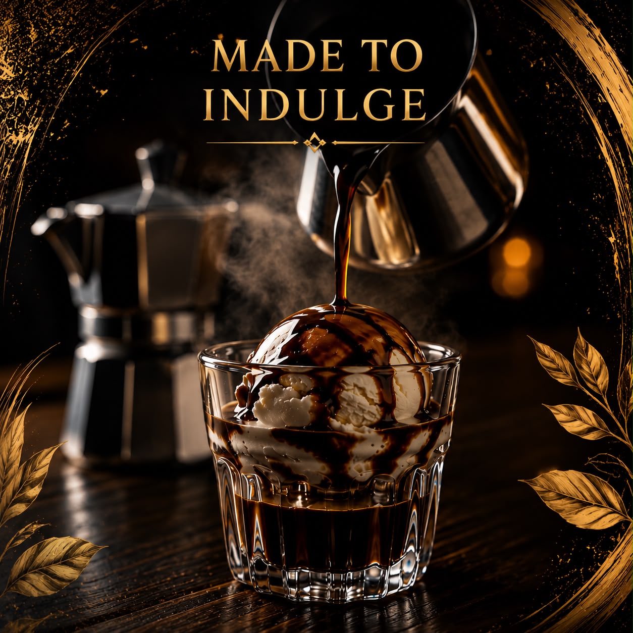 Espresso poured over ice cream in a glass