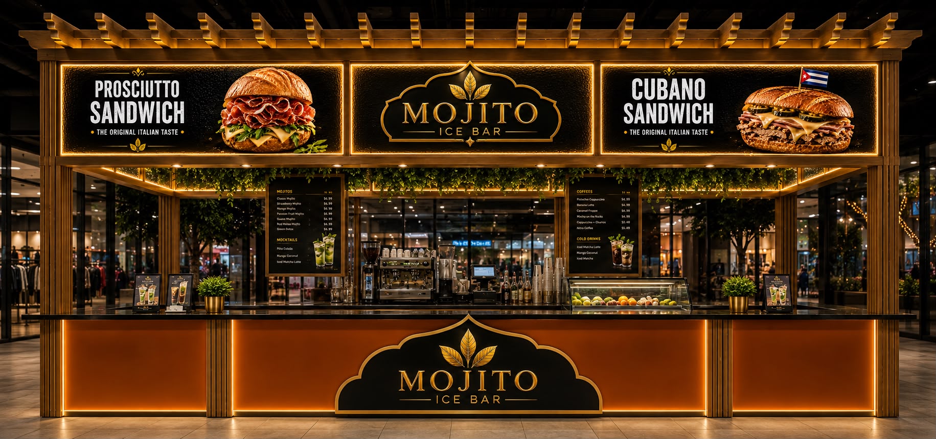 Mojito Ice Bar counter with espresso bar, menu boards and pastry case